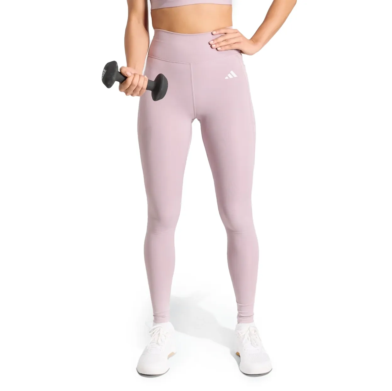 Calça legging Adidas Optimé Essentials Rosa com bolso funcional e pessoa segurando celular